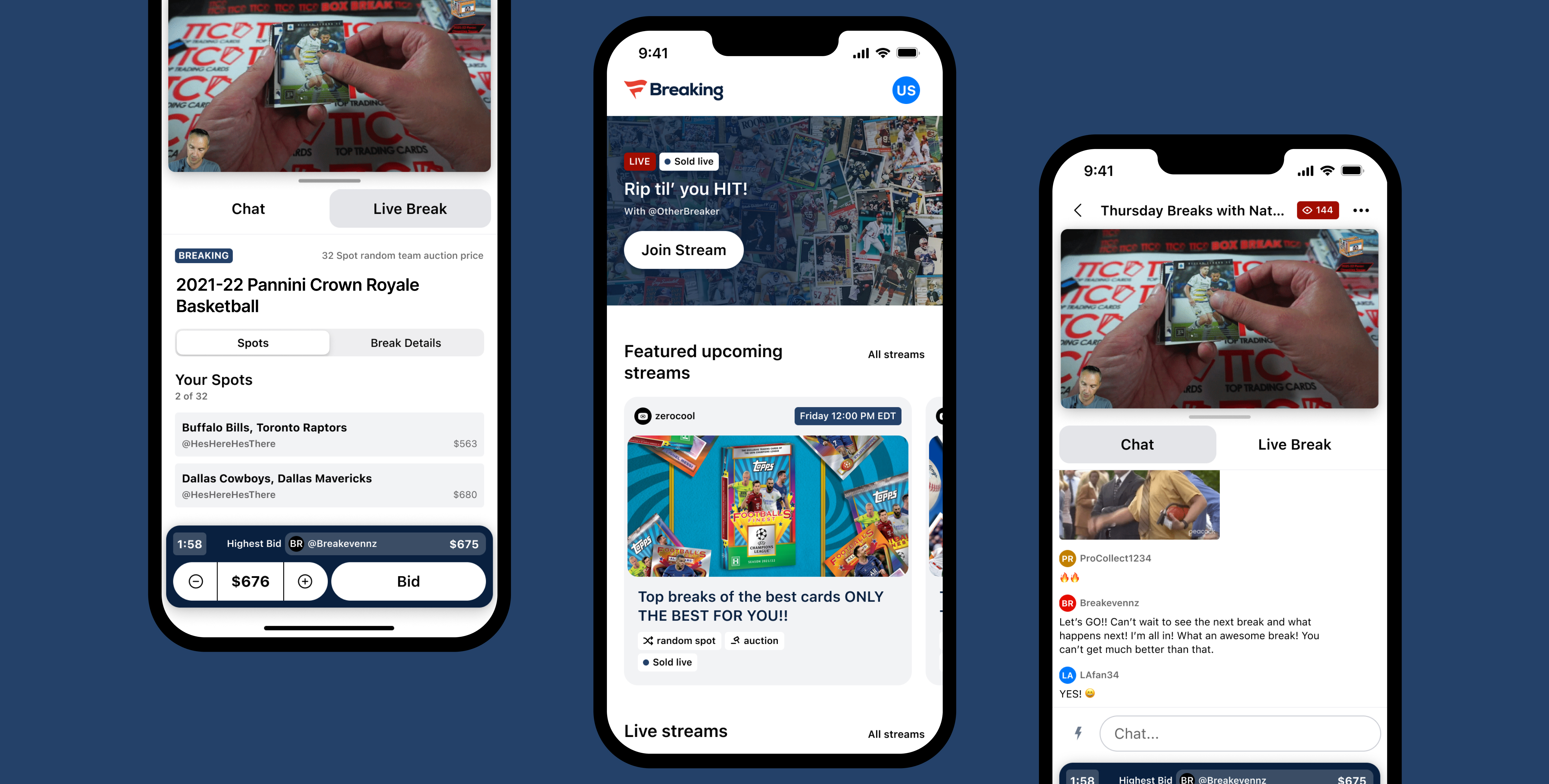 Fanatics Breaking mobile app — two screens showing the live auction and home feed on a navy background